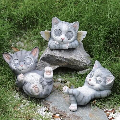 Resin Cat Statue Creative Solar Landscape Light Animal Figurines Garden Balcony Decoration Desk Accessories Home Decor