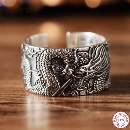 Real 999 Pure Silver colour Men Biker Rings With Flying Dragon Vintage Punk Style Heart Sutra Engraved Buddhism Animal Jewelry