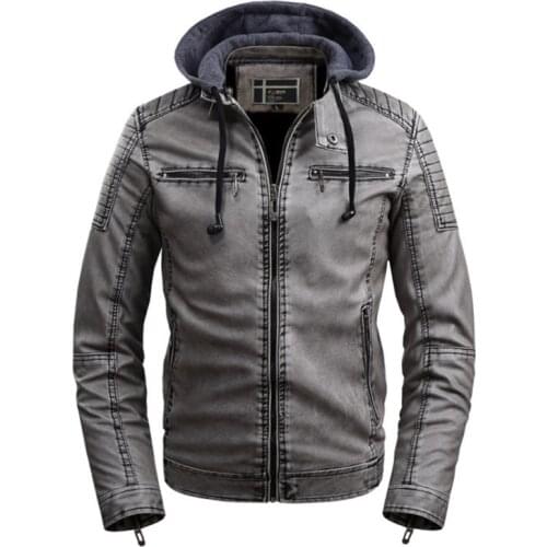 New Fashion Leather Jacket Men Autumn Winter Hooded Motorcycle Leather Jacket Men Casual Fleece Coat Khaki/Black/Blue