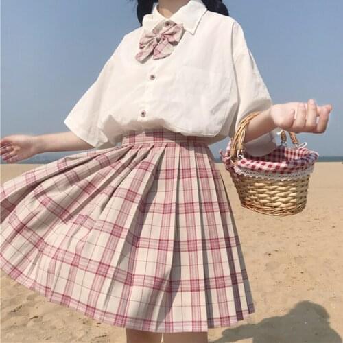 Summer New JK Uniforms Students White Shirt + High-Waisted Plaid Pleated Skirt Piece japanese fashion school girl uniform