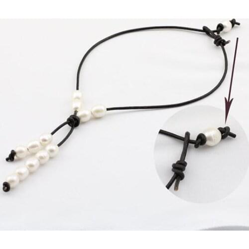 Fashion Ladys Perfect Leather Pearl Jewelry,White Rice Natural Freshwater Pearl Necklace More Color Leather For Choose