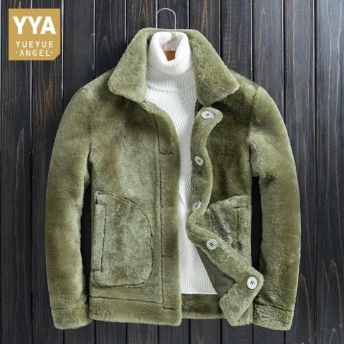 Genuine Leather Mens Short Wide-Waisted Sheepskin Jackets Turn-Down Collar Single Breasted Pockets Reversible Real Fur Coat