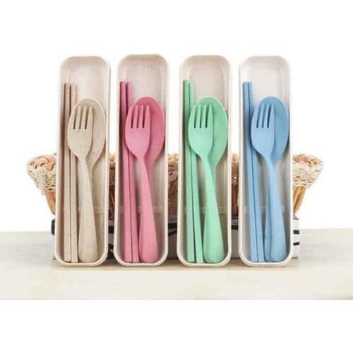 New Design Portable Wheat Straw Spoon Fork Chopsticks Set Tableware Eco-friendly 4 Colors Reusable Wheat Straw Travel Camping Cu