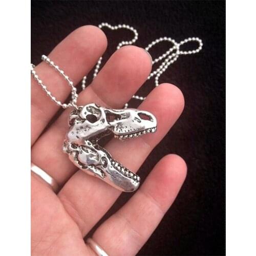 Handmade T-Rex Dinosaur Skull Pendant Long Necklace 24 Inch Chain T Rex Silver Plated/Key Ring