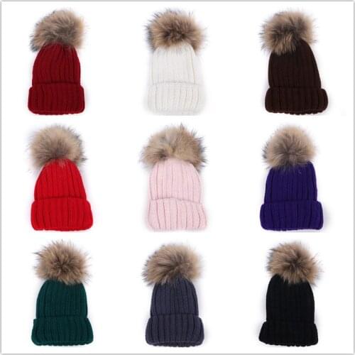 Bnaturalwell Real Raccoon Fur Pom-Pom hat Kids winter warm hat Knitted beanies Large Fur Pompom Boys girls Knitted cap H023D