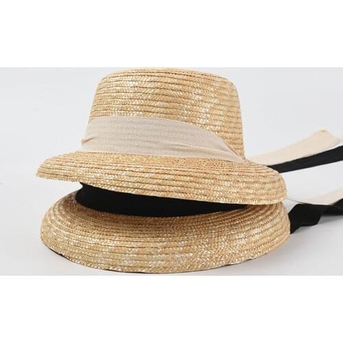 Women Summer Hat Floppy Hat For ladies Natural Wheat Straw Hat with Black White Ribbon Sun Hat UV Protection Round Top Beach Cap