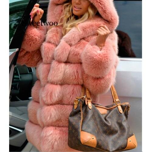 Sweetwoo Fashion Faux fur Coat Women Long Faux Fox Fur Jacket Hood Full Sleeve Winter Thick