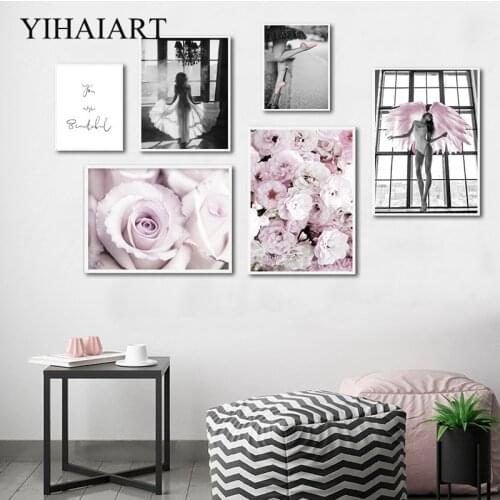 Scandinavian Fashion Poster Pink Rose Flower Angel Wing Picture Nordic Print Wall Art Canvas Painting Modern Living Room Decor