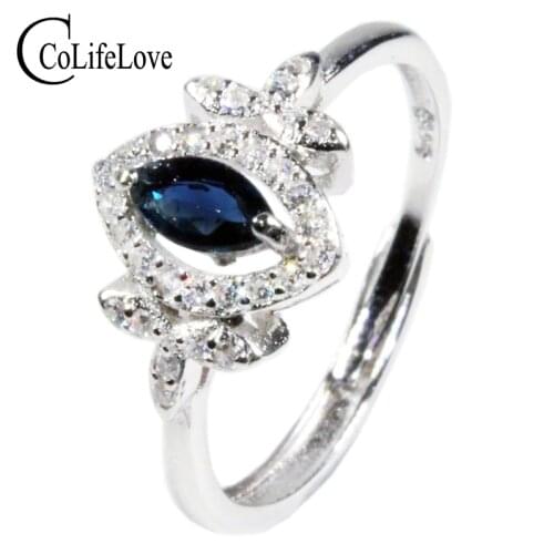 CoLife Jewelry 100% Natural Sapphire Ring for Engagement 3mm*6mm Navy Blue Sapphire Silver Ring 925 Silver Sapphire Jewelry