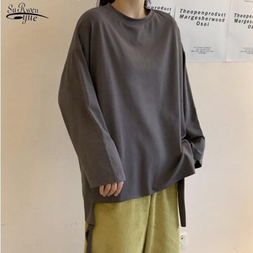 Spring New Women T-Shirts Oversize Solid Bottoming Long Sleeve Wild Korean Minimalist Style Tops Solid Cotton White Tops 13229