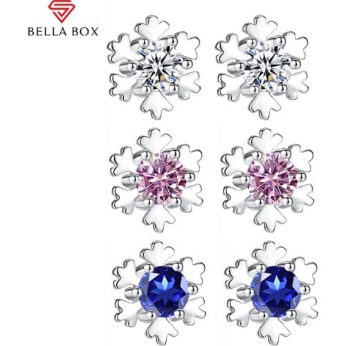 Bella Box Vintage Snowflake Stud Earrings For Women Real 925 Sterling Silver Zircon Luxury Simple Wedding Party Fine Jewelry