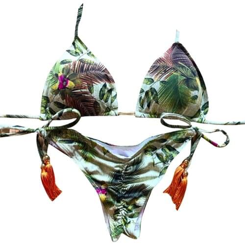 Women Leaf Floral Print Bandeau Bandage Bikini Set Push-Up Brazilian Swimwear Beachwear Swimsuit Swimming Suit For Women Tankini