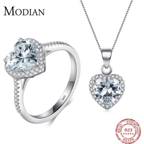Modian New Design Solid 925 Sterling Silver Sets Jewelry Ring Necklace Wedding Natural Crystal Pendant Fashion Chain For Women