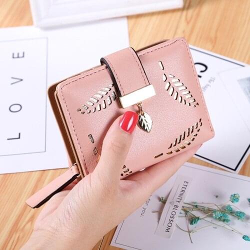 2021 Womens Wallet Leather Purse Female Short Wallet Gold Hollow Leaves Pouch Handbag for Women Coin Purse Card Holders Clutch