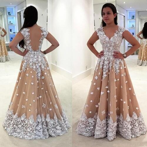 Sheer Back V-neck Applique Lace Tulle A-line Long Evening Dresses With Cap Sleeves Vestidos Formal Evening Gown robes de soirée