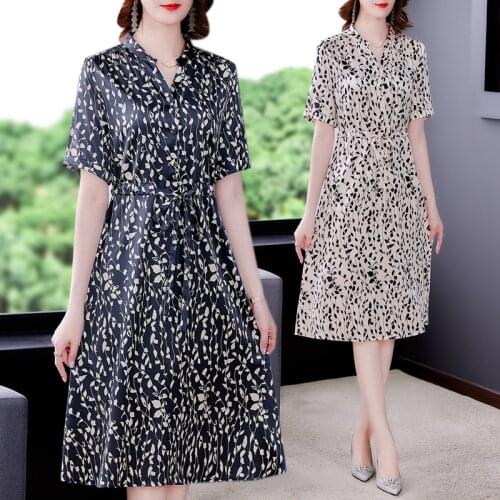Women Casual Print Satin Midi Shirt Dresses Summer Vintage 5XL Mulberry Silk Beach Sundress 2021 Elegant Bodycon Party Vestidos
