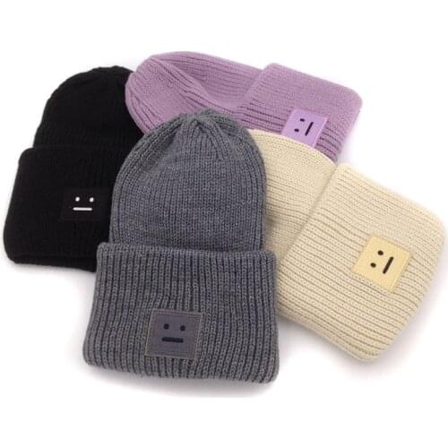 Embroidery square smile winter knitted hats for women unisex skulliles beanies men baggy warm gorro thicken warm cap