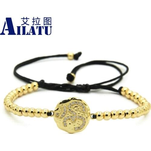 Ailatu 4mm Bronze Round Beads Clear Micro Paved Clear Zircons Om Braided Bracelet