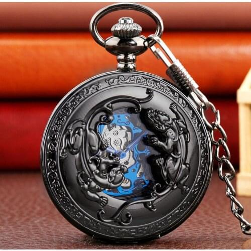 Black/Silver/Bronze Engraved Mythical Wild Animal Carved Brave Troops Mechanical Hand Winding Pocket Watch FOB Chain Clock Gifts