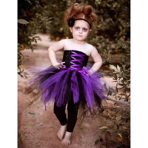 Girls Halloween Tutu Dress With Polyester Crochet Top Stretched Purple Cosplay Dress Cute Girls Party Ball Gown Dress