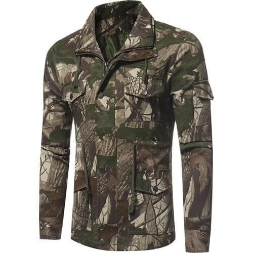Mens Jungle Camouflage Jacket Long Sleeve Zipper Cardigan Jacket Coat with Multi-Pockets Casual Slim Type Tops