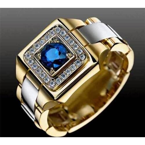 Two Tone Square Blue Crystal Ring Gold Silver Color Metal Men Ring Wedding Engagement Vintage Jewelry Accessories Size 6-13