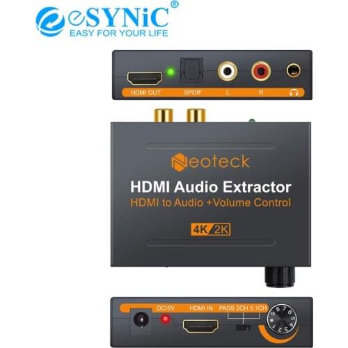 ESYNiC HDMI-compatible Audio Extractor + 3.5mm Stereo Audio HDMI-compatible to HDMI-compatible+ SPDIF 3.5mm R/L Analog Audio Out