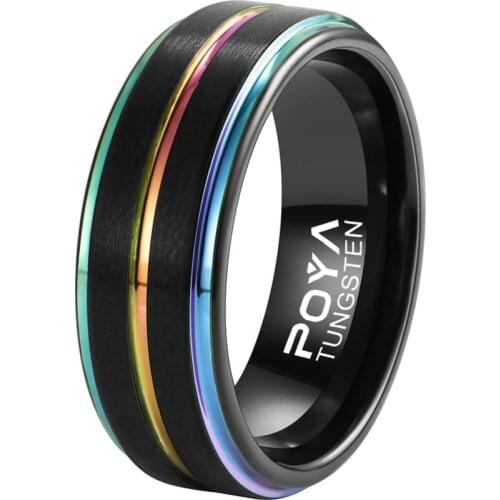 POYA TUNGSTEN Rainbow LGBT Pride Ring for Lesbian Gay Wedding Engagement Band