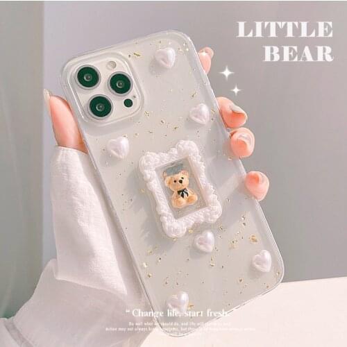 Retro sweet girls pearl photo frame bear 3D Phone Case For iPhone 11 12 Pro Max Xs Max XR Xs 7 8 Plus 7Plus case Cute Soft Cover