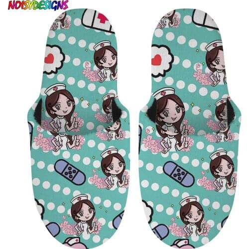 NOISYDESIGNS Nurse Girl with Flower Cartoon Print Women Winter Slipper Soft Warm Living Room Casual Shoes Custom Plush Slippers