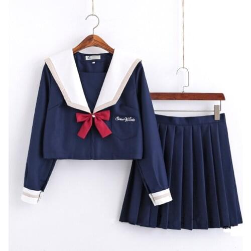 2019 new Japanese school uniforms sailor tops+tie+skirt Navy style Students clothes for Girl Plus size Lala Cheerleader clothing