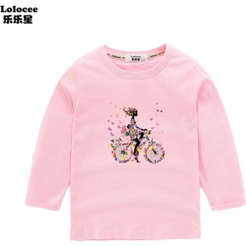 2021 Spring New Long Sleeve T-shirts for Girls Butterfly Bike Cute Fashion Clothing Floral Girl Riding a bicycle Graphic Tee