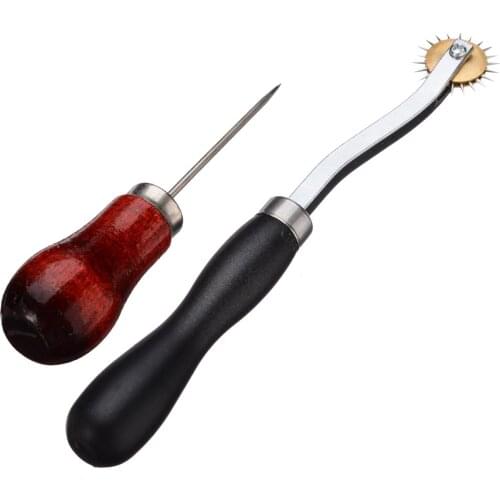 1Set Metal Punch Hole Sewing Wheel Awl Tool 4mm Stitch Leather Sewing Spacer Overstitch Wheel + Awl DIY Leathercraft Sewing Tool