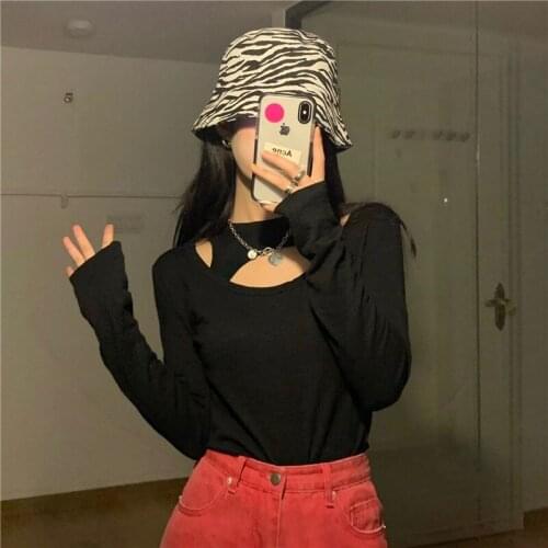 Fake Two Pieces Autumn Casual Style Long Sleeve Tees Hollow Out Slim Black Woman Tshirts Fashion Ladies Tops Korean Clothing