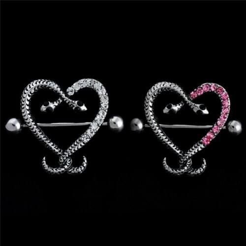 1 Double Snake Head Nipple Piercing Sexy Serpentine White Pink Heart Shaped Nipple Rings Body Jewelry Women Bar Barbell Piercing