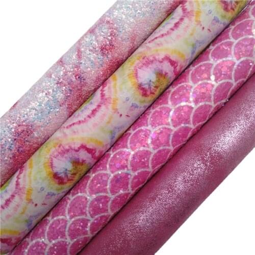 Pink Mermaid Chunky Glitter Leather Fabric Sheet with Felt Backing Tie Dye Faux Leather Metallic Synthetic Fabric for DIY XM009J