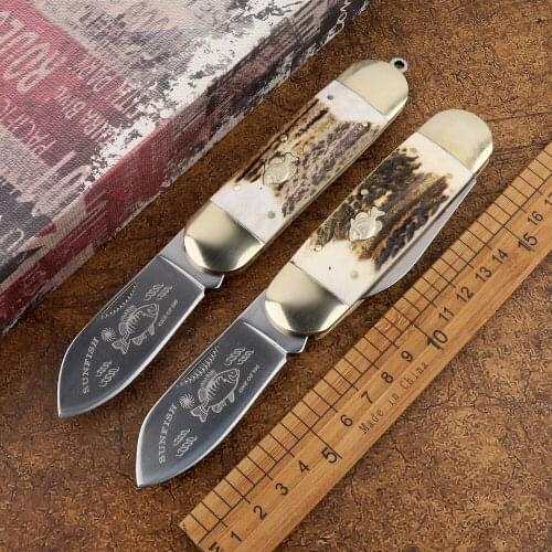 Folding small flounder multi-function 4116 blade brass antlers handle outdoor camping hunting fishing EDC fruit utility knife