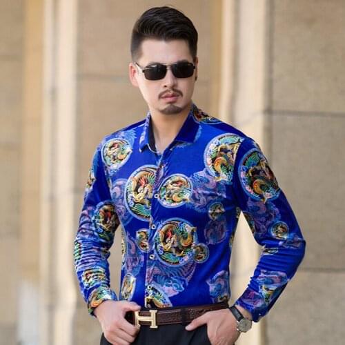 High quality mens autumn velvet shirt china dragon printing clothes male long sleeve gold velvet dress shirts