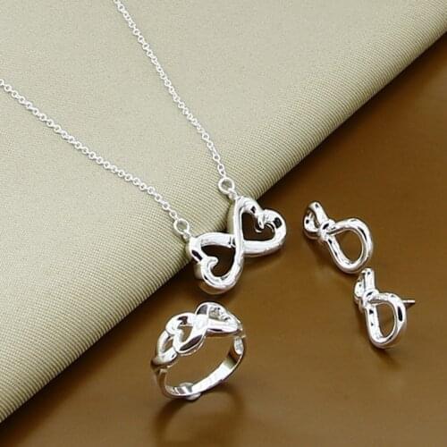 925 Sterling Silver Jewelry Sets Fashion Heart Necklace Earrings Rings Set for Woman Female Valentines Day Gift
