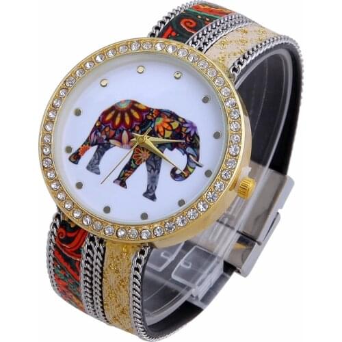 TOP PU Leather Women Rhinestone rim Vintage Retro Old ethnic psychedelic elephant Analog Quartz WristWatch CAsual Dress lady