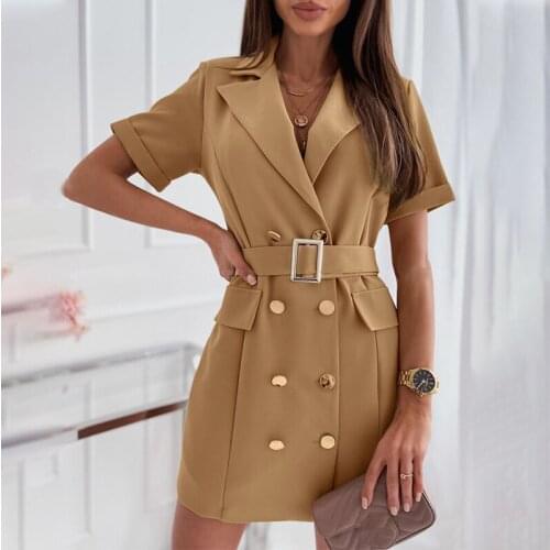 Double-breasted Turn Down Collar Blazer Dress Women Short Sleeve Solid Female Dresses With Belt 2021 Summer Office Lady Vestidos