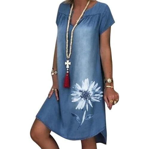 Fashion Summer Women Jeans Dress Short Sleeve Chrysanthemum Print Irregular Hem Loose Denim Dress Casual Vintage Women Dress