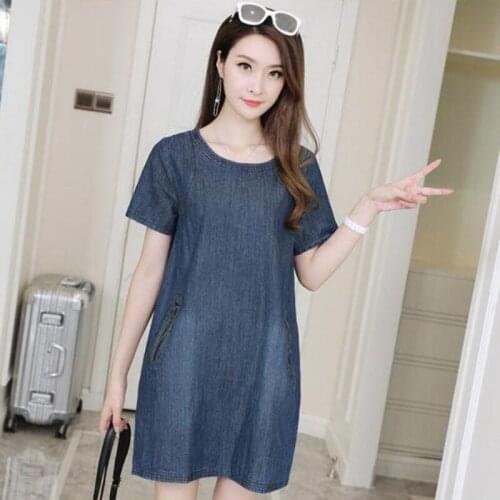 Plus Size Women Loose Fit Summer Short Sleeve Denim Dress A Line Preppy Style Jeans Dresses Casual Tops Girls Estidos De Verano