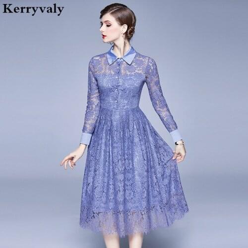 New Long Sleeve Women Midi Blue Lace Dress Vestidos Casual Mujer 2021 Elegant Women Party Dress Lange Jurken Sukienki K6299