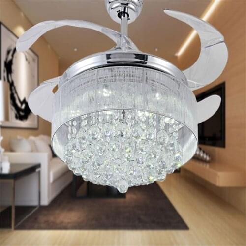 100% CRYSTAL Ceiling Fan Decorative Silver Fan Body Retractable Blades Fan Light Living Room LED Fan Crystal Dining Room