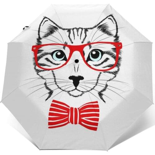 Automatic Umbrella Hipster Cat With Red Glasses And Bow Tie three-fold umbrella women men rain umbrella