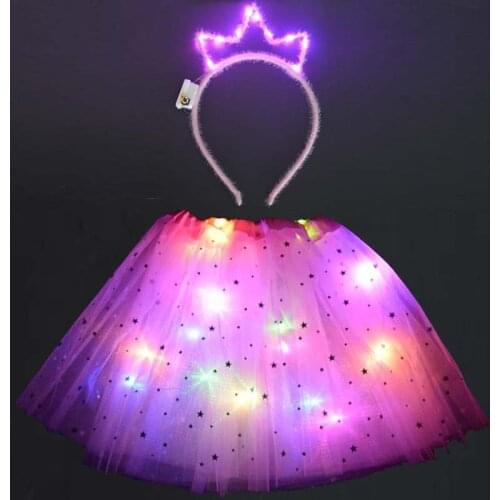 Christmas Girl Kids Neon LED Tutu Skirt Party Stage Dance Wear Layered Tulle Light Up Short Dress for 2-8 Years Hollow out Crown