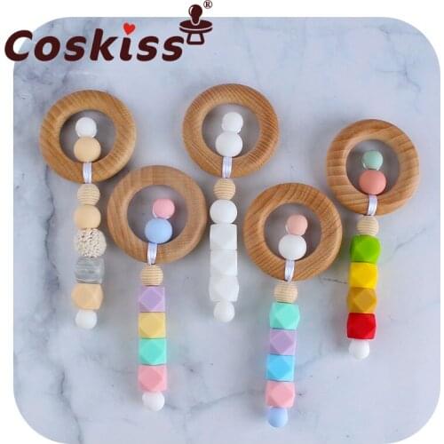 Coskiss Baby Beech Wooden Circle Teether Infants BPA Free Silicone Beads Teething Soother Molar Toys Newborn Shower Gifts