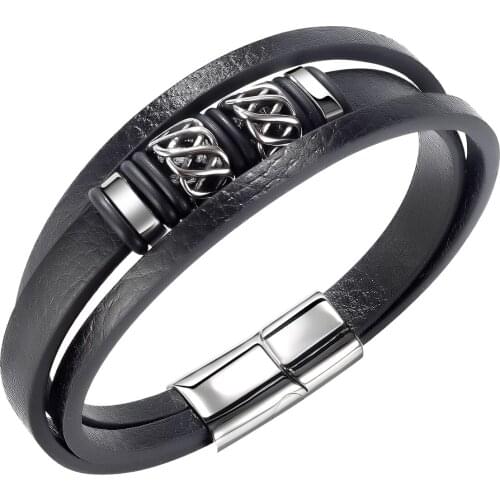 Cyue European Fashion Punk Retro Black Leather Braided Bracelet Stainless Steel Button Wristbands For Men Jewelry