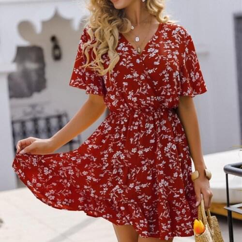 Beautiful Women Casual Dress Small Floral Print Slim Sexy Soft Ruffle Hem Dress Comfortable to Wear for Summer Daily Life